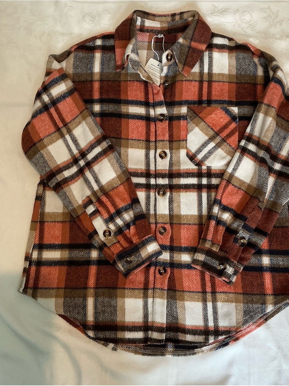 Yeahill flannel shacket S plaid orange brown white shirt jacket NWT oversized